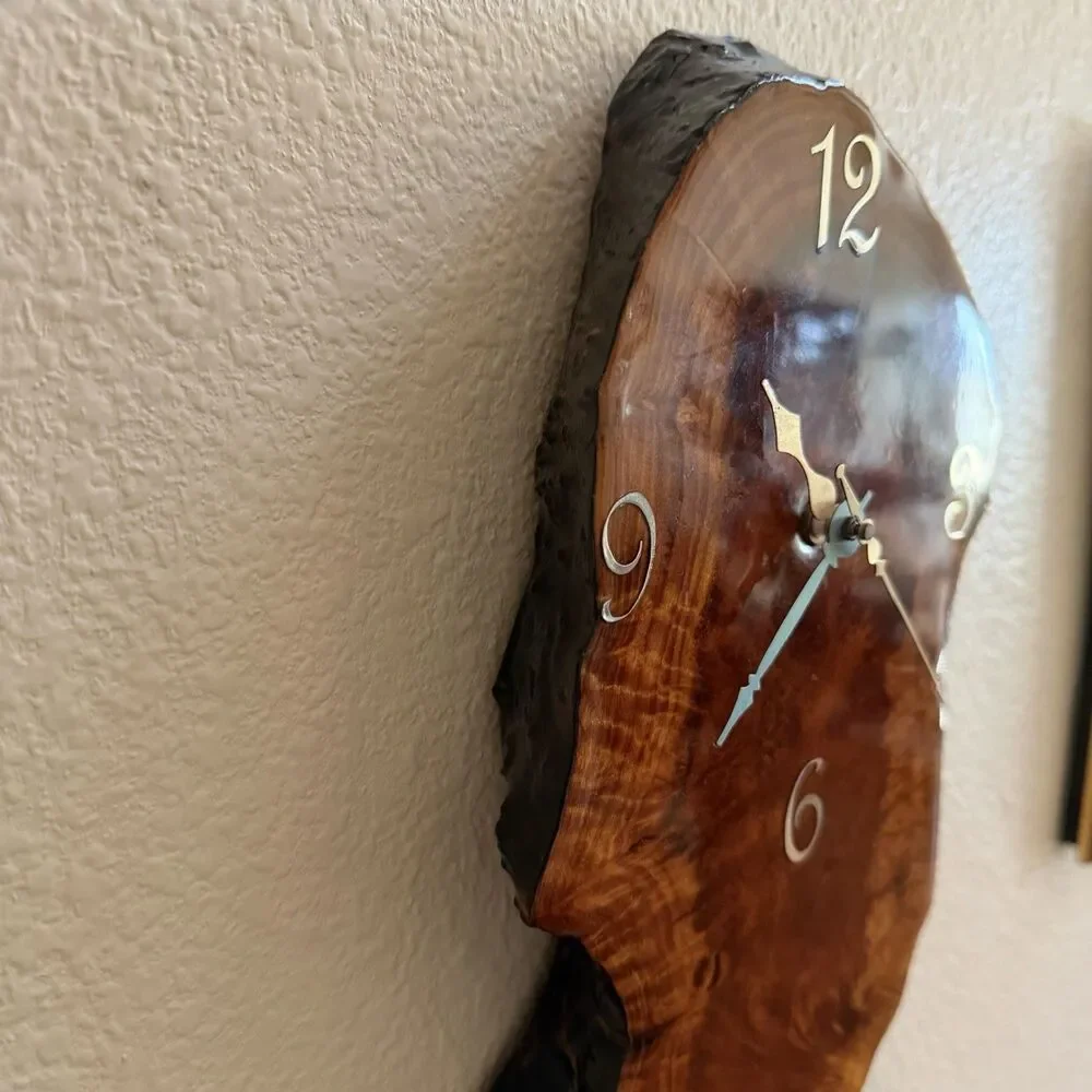 Vintage Live Edge Burl Wood Wall Clock Handmade Rustic Artisan Angel Quartz 17.5